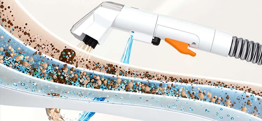 Boquilla de Aqualux pulverizando agua y aspirando la suciedad de las fibras